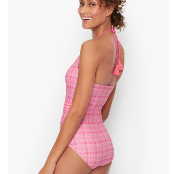 NWT Cabana Life x Talbots One Piece Halter Pink Sunrise Plaid Tassel Swimsuit S - Picture 2 of 11
